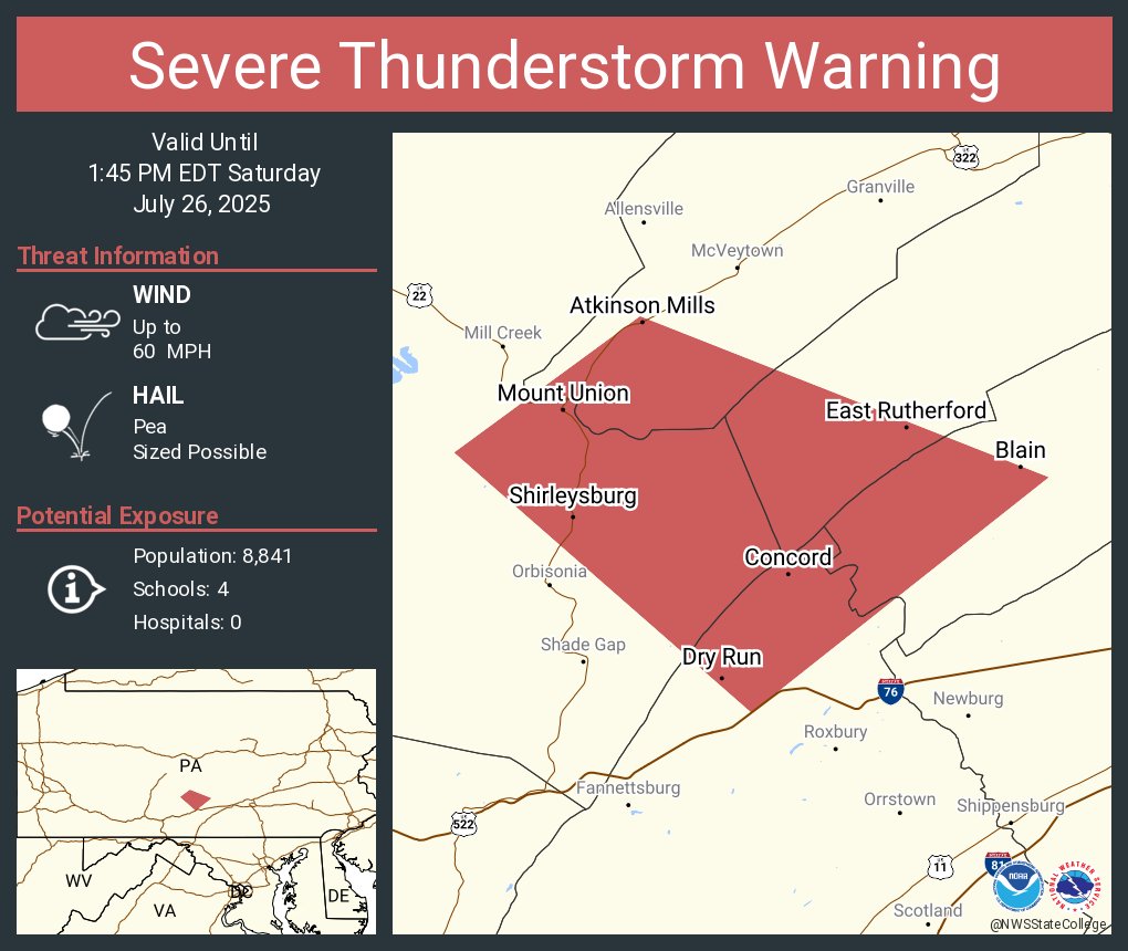 NWSStateCollege's tweet image. Severe Thunderstorm Warning continues for Mount Union PA, Allenport PA and Kistler PA until 1:45 PM EDT