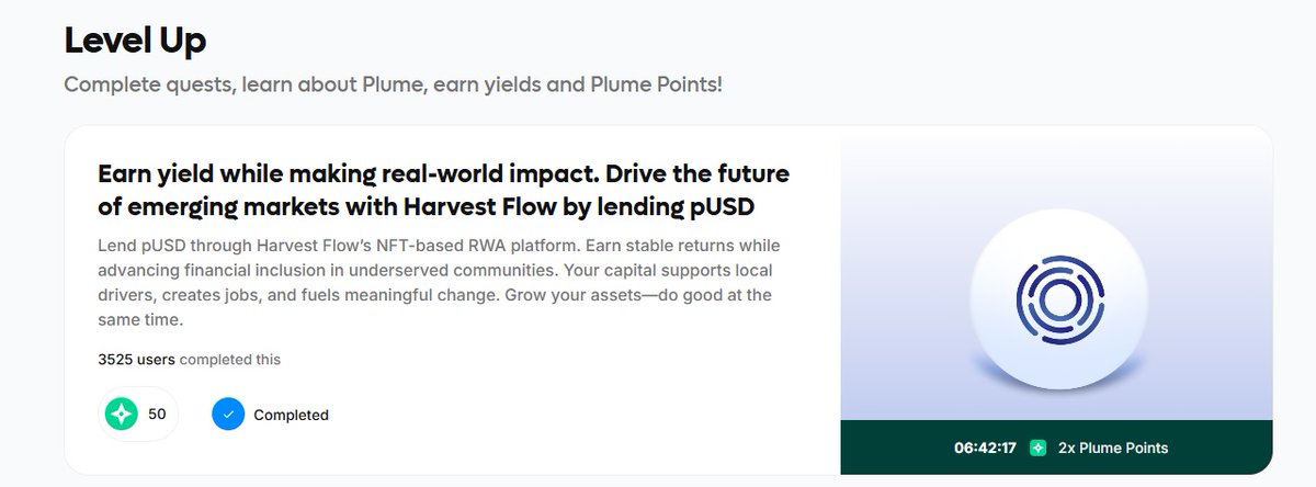 DipoEsi's tweet image. Gm Goons❤️
Quest 1⃣0⃣
1. Lend 15 pUSD on (No.003 Plume Tuktuks 01) Project in v2.harvestflow.io for 40 Month 🫥
2. Recive a Proof of Support NFT
Note: Please be mindful of the investment terms before you proceed
You can list or sell your NFT on Polytrade if you so desire
