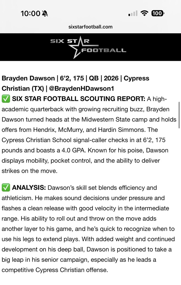 BraydenHDawson1's tweet image. Thanks @sixstarfootball for the write up I appreciate it! @Coach_Barber3 @CoachSeabaugh @j_brucewilliams @CyChristian_Ath @TXPrivateFBGuy @TheQBTech