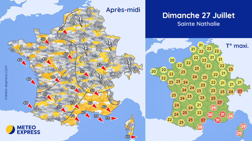 MeteoExpress's tweet image. 🌦️ Ce dimanche : frais avec des averses orageuses au nord et à l'est. Vent fort en Méditerranée. ➡ meteo-express.com/previsions/pre…