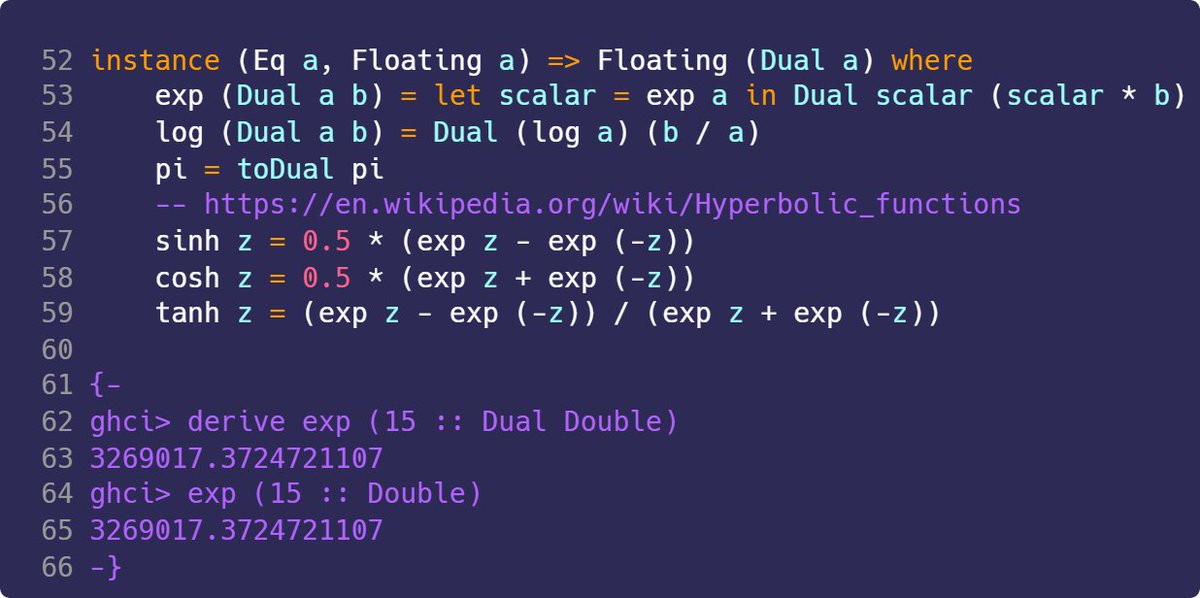 onehundred28's tweet image. Automatic differentiation using dual numbers #haskell