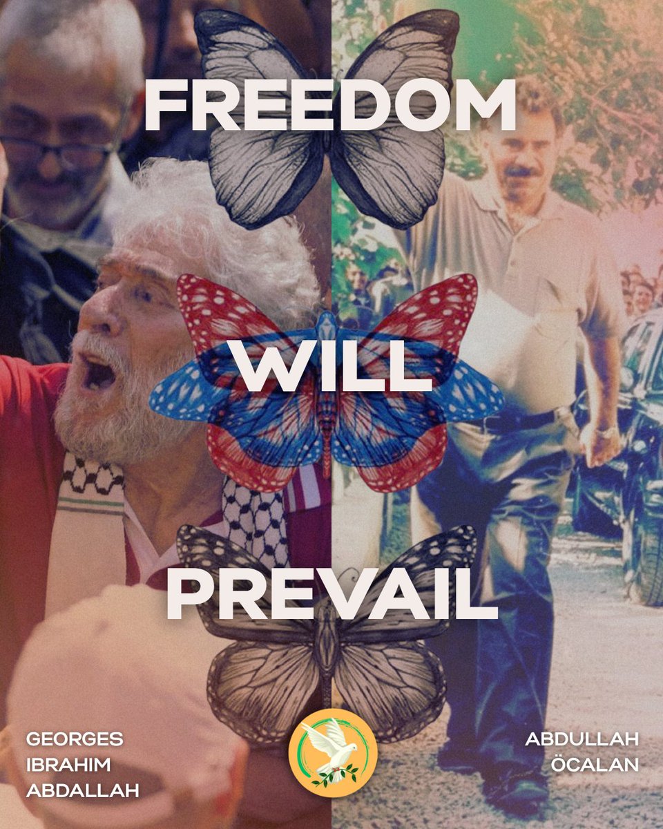 ⁨🌿Freedom will prevail!⁨🕊

Yesterday Georges Ibrahim Abdallah was released after 41 years in French prisons.

Today, after 31 years in prison, Veysî Aktaş, a former leader of the PKK, was released from Imrali.
Freedom will prevail! 

Freedom for Abdullah Öcalan!