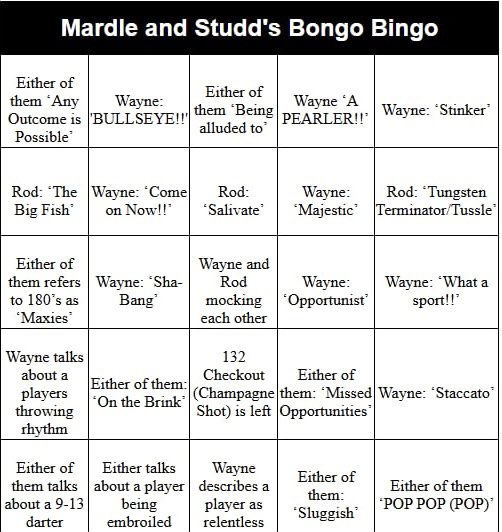 PDCFanatic180's tweet image. Two really great matches coming our way for Saturday night darting entertainment!!! Here is tonightβs @Wayne501Mardle & @Rod_Studd Bongo Bingo Card π―π―π― @claredaz99 @TheHenryCheal