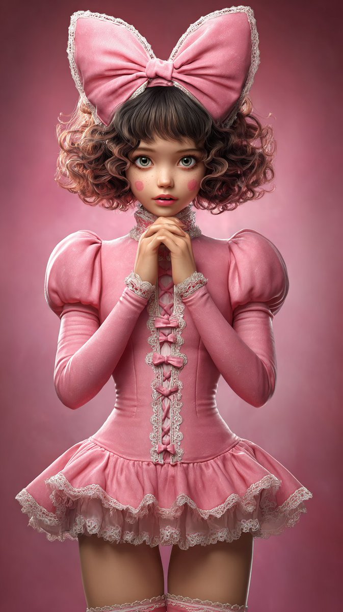 Maxime887812's tweet image. In a pink room filled with soft light, innocent young Lily wore her delicate pink gown, dreaming of a fairy-tale adventure as she practiced her gentle curtsy.
👇Tap
