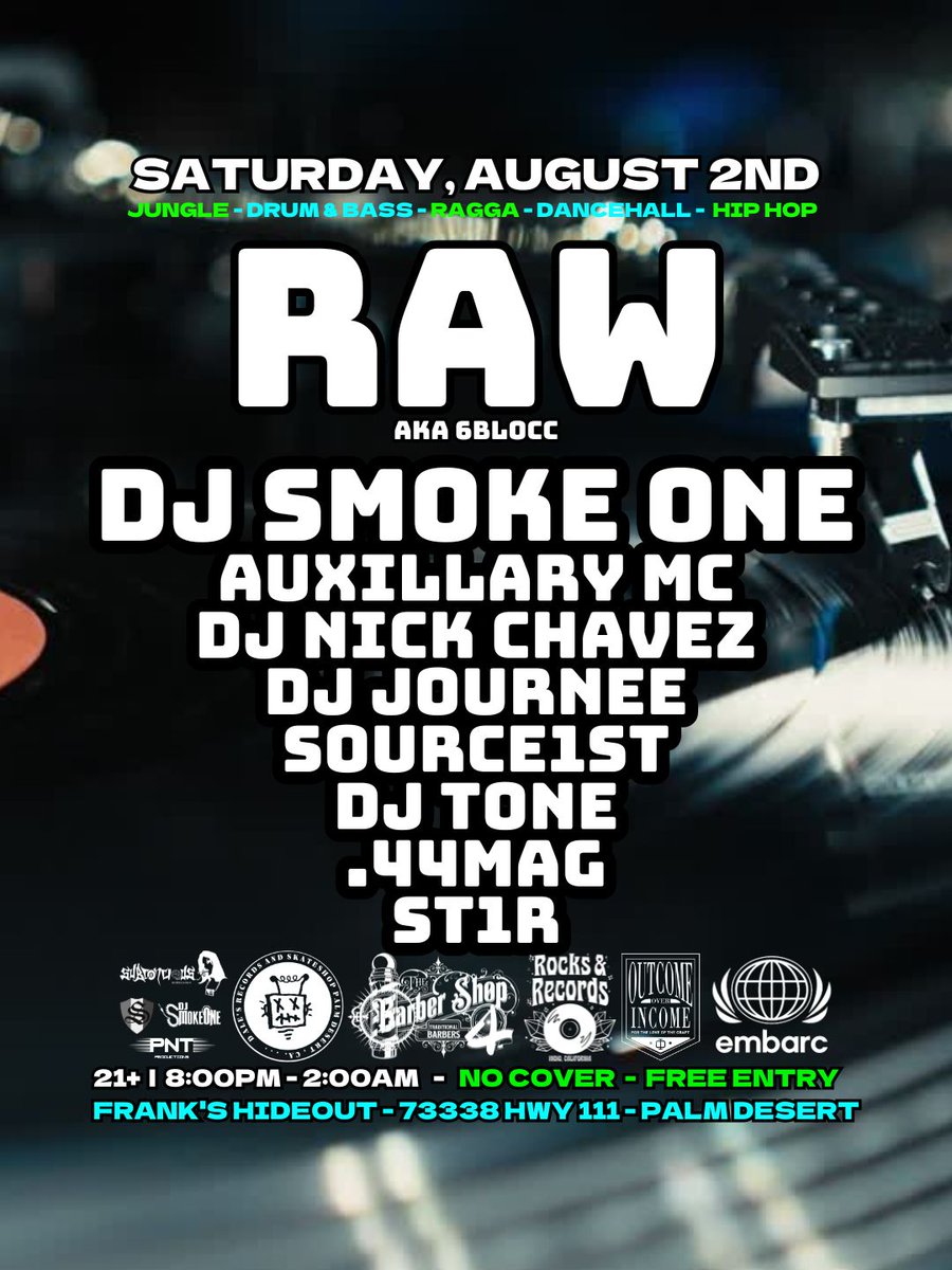 8/2/2025
⚡ Frank's Hideout
📍 73338 HWY 111 Palm Desert, CA
🎧 Vinyl Selectors
🎶 Jungle, D&amp;B, Hip Hop, Dancehall
🎟 FREE ENTRY | 21+
🔊Limited capacity. Tell your crew now.
🎟️RSVP👇
joltdnb2yearanniversary.eventbrite.com
#jungle #drumandbass #coachella #vinylshow #palmdesert