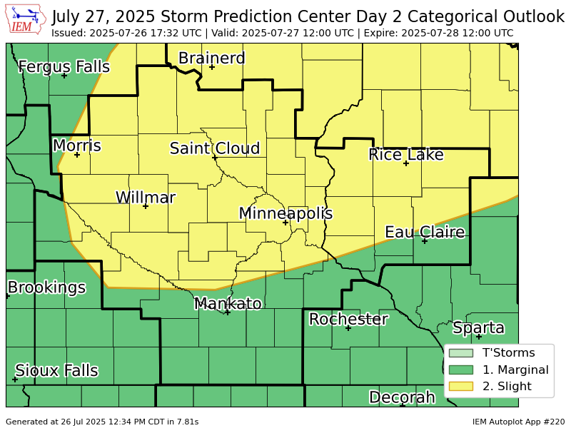 iembot_mpx's tweet photo. #SPC issues Day 2 Slight Convective Risk at Jul 26, 17:32z for MPX https://t.co/DHR3Hy6GvN https://t.co/kx6rcPIxj7
