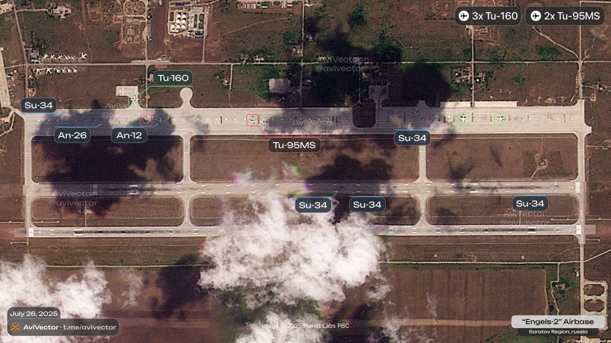 avivector's tweet image. 🔻Satellite images of 🇷🇺 Engels-2 Airbase as of July 26, 08:24 UTC
The airbase housed 3 Tu-160 (Blackjack), 2 Tu-95MS (Bear-H), 1 An-12 (Cub), 1 An-26 (Curl) and 5 Su-34 (Fullback).
1 Tu-160 has arrived at the airbase. Its departure location is being clarified.
1 An-12 has…
