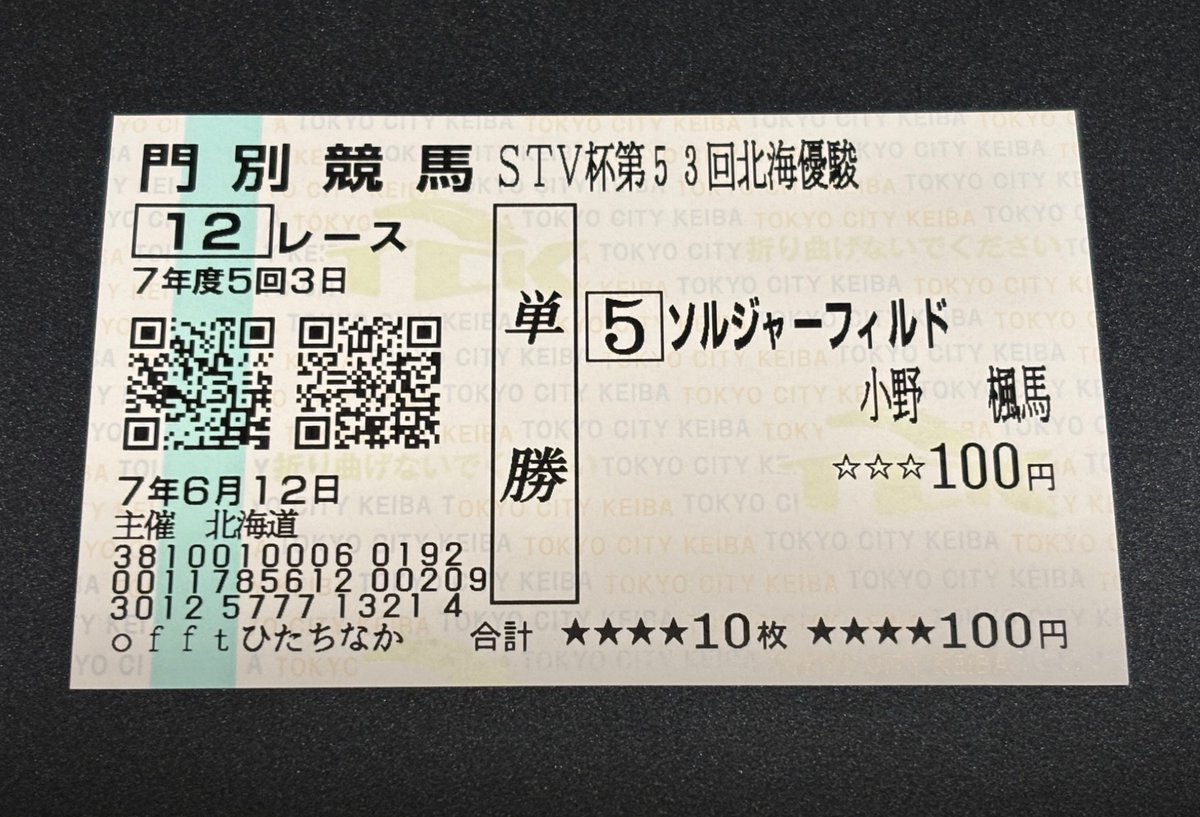 summers223's tweet image. 三冠を達成したソルジャーフィルドの単勝馬券
北斗盃・北海優駿・王冠賞(ホッカイドウ競馬3歳クラシック)
購入場所は違えど三冠レース全て買えてよかったです。
門別競馬場までデビュー戦を応援に行ったルヴァンスレーヴ産駒の出走第一号の馬がこうして三冠馬になったのは驚きと同時に嬉しいです。