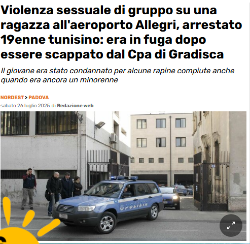 riktroiani's tweet image. ⛔️ Arrestato 19enne #tunisino: era in fuga dopo essere scappato dal Cpa di #Gradisca
L'8 luglio si era reso protagonista di una violenza sessuale di gruppo ai danni di una ragazza marocchina in uno stabile abbandonato dell’ex aeroporto militare Allegri di #Padova ⬇️