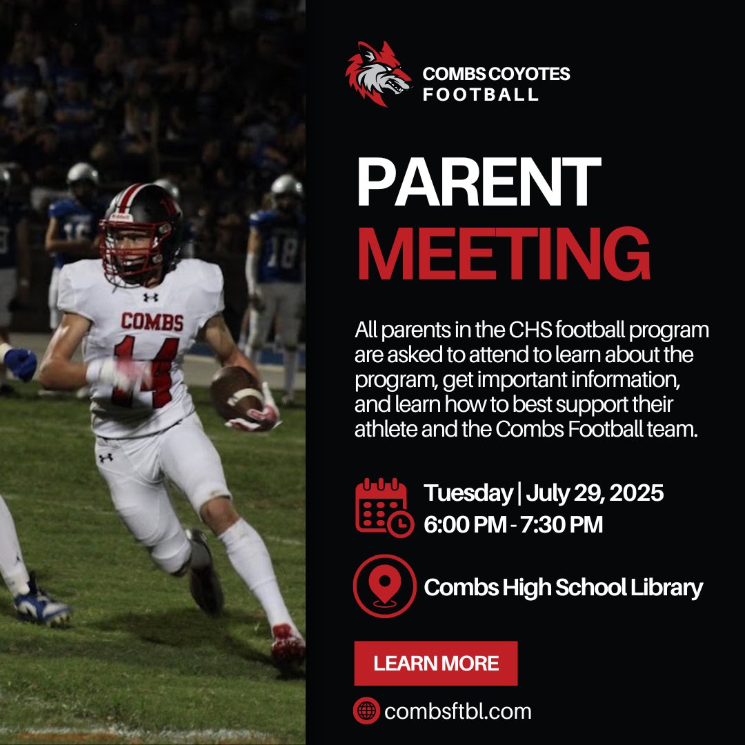CombsFTBL's tweet image. Parents and Athletes! Mark your calendars for this Tuesday, July 29th for an informational meeting regarding the season and all things football! We will start at 6pm! Excited to see you there and start our title run together! #combshighschool #ALLIN