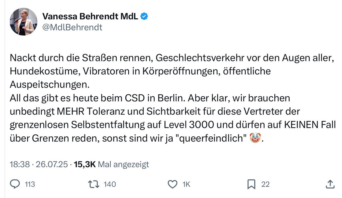 VceOfReason's tweet image. Einfache Faustregel:
Wenn du unbekleidet vor Kindern rumhüpfst und dein Gehänge zur Schau stellst, bist du ein perverses, pädophiles Miststück.
Wenn du dir dabei eine Hundemaske aufsetzt und eine Regenbogenfahne umhängst, setzt du ein Zeichen für Vielfalt™ und Demokratie™.