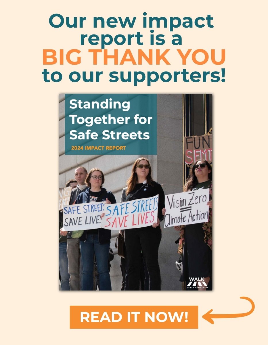 walksf's tweet image. Walk SF JUST published our newest impact report, detailing our biggest wins from 2024. 📘
Our generous community is how we:
🚸Fought for safe intersections and kept Vision Zero in focus for City leaders
🖋️Sponsored cutting-edge state legislation to address dangerous speeding…