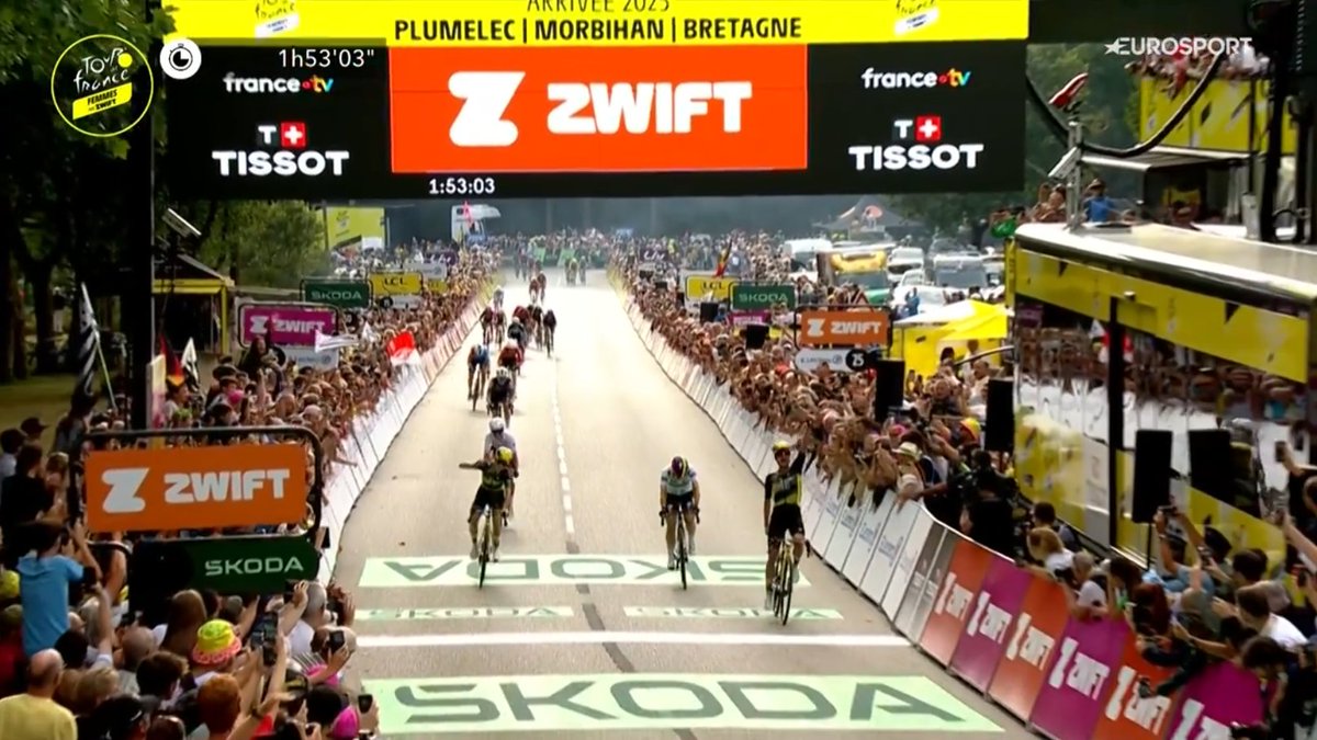 laflammerouge16's tweet image. MARIANNE VOS wins the first stage of #TDFF2025 in Plumelec.
Ferrand Prevot attacked on the final climb allowing Vos to follow wheels. Le Court 2nd
Visma does 1-3 and take the yellow jersey