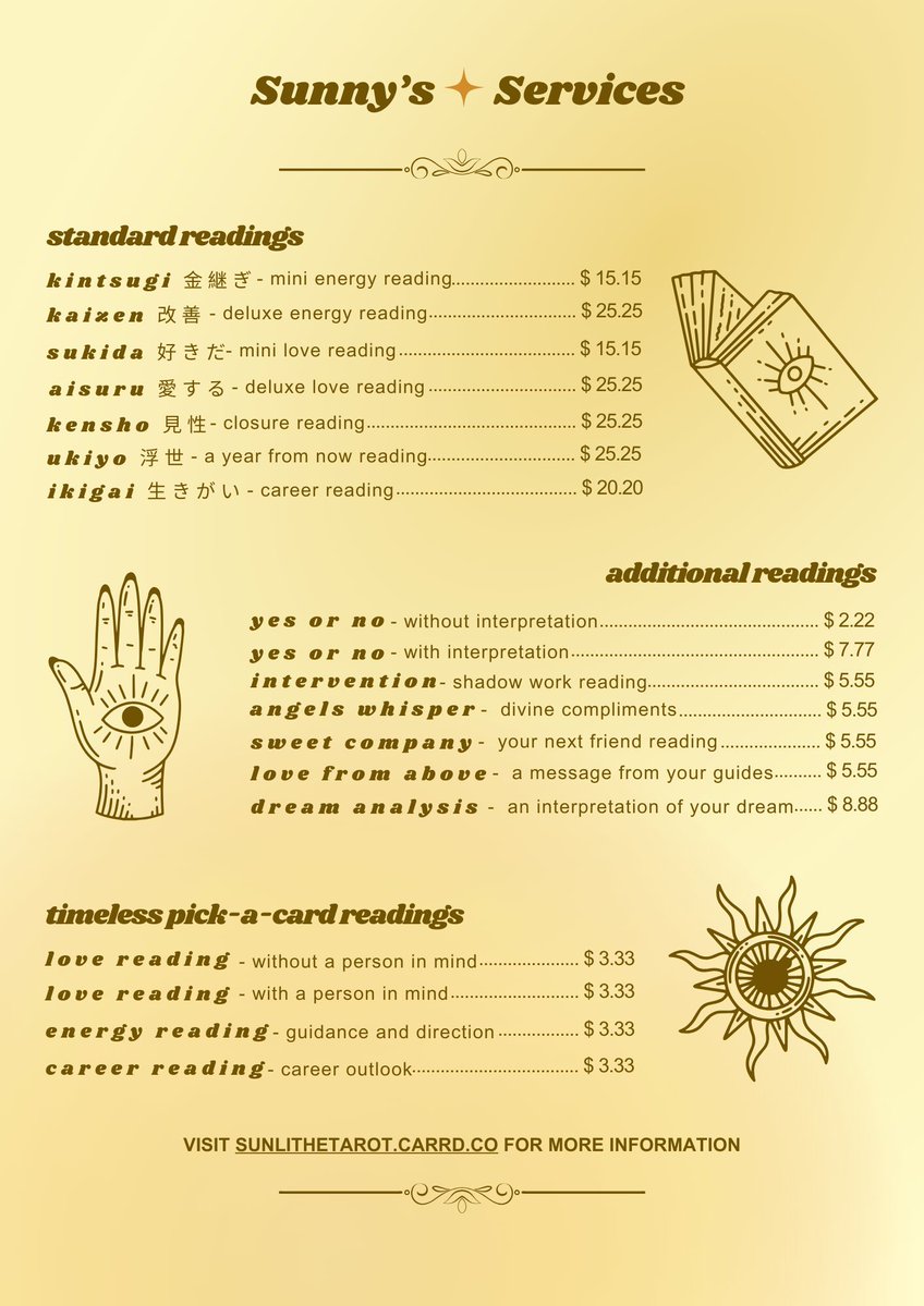 sunlithetarot's tweet image. feeling generous sale ˖°🫧
hi, angels~ all my standard readings are $5 off (5 slots only) ☺️
my current turnaround time is within 24 hrs. as well 🌹
book thru sunlithetarot.carrd.co or send me a DM if you’re interested 🧚♀️