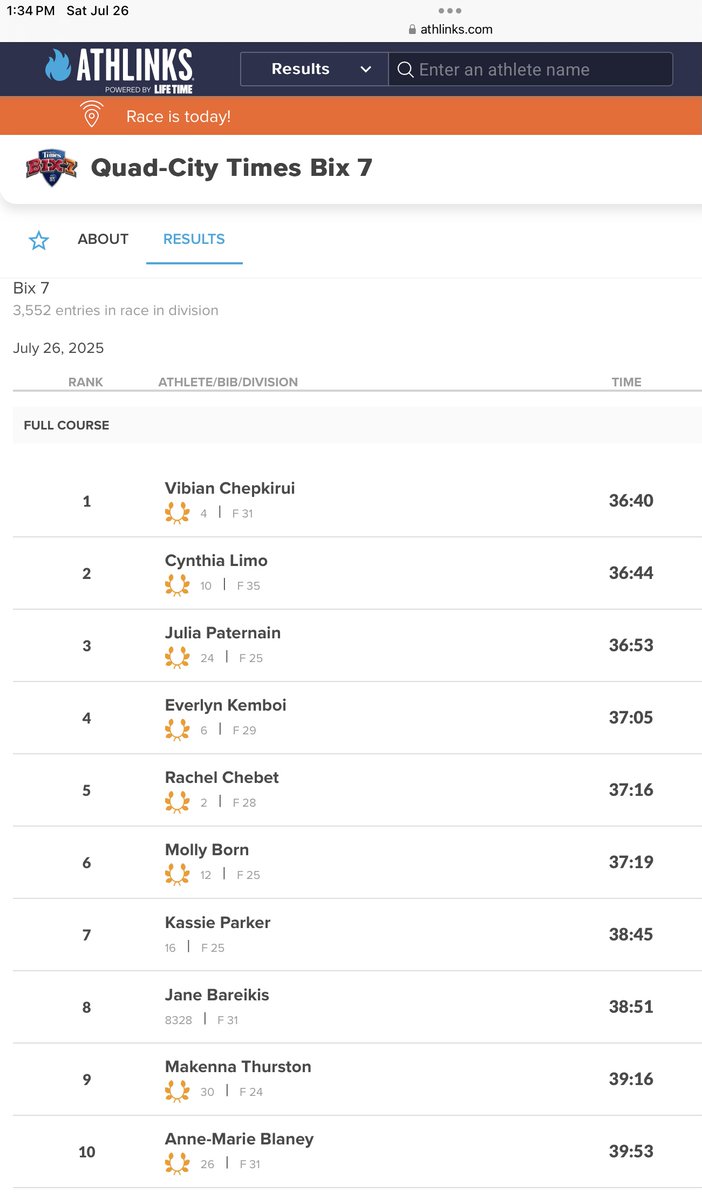 Top 10 men and women finishers from Bix 7 this morning in Davenport, IA after an hour delay due to storms!