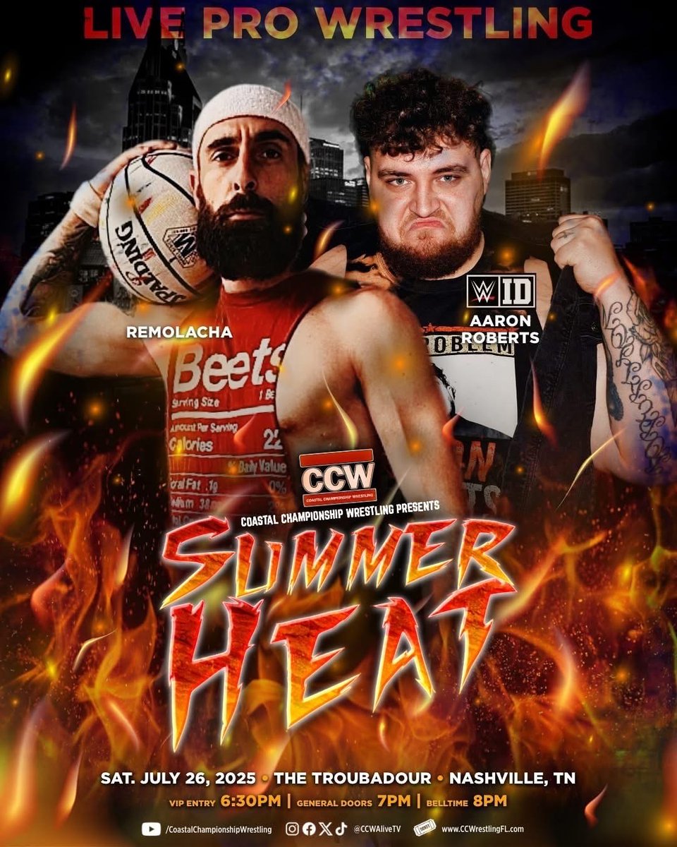 CCWAliveTV's tweet image. Things are heating up in Nashville π₯ TONIGHT!!! CCW presents SUMMER HEAT!
Doors open at 7pm.
Show starts at 8pm.
SEE YOU THERE!
ποΈ CCWTix.com