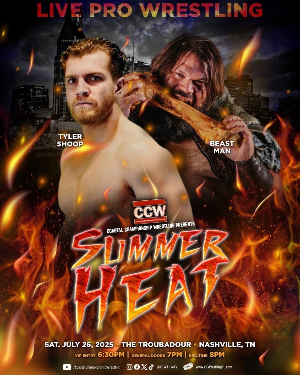 CCWAliveTV's tweet image. Things are heating up in Nashville π₯ TONIGHT!!! CCW presents SUMMER HEAT!
Doors open at 7pm.
Show starts at 8pm.
SEE YOU THERE!
ποΈ CCWTix.com