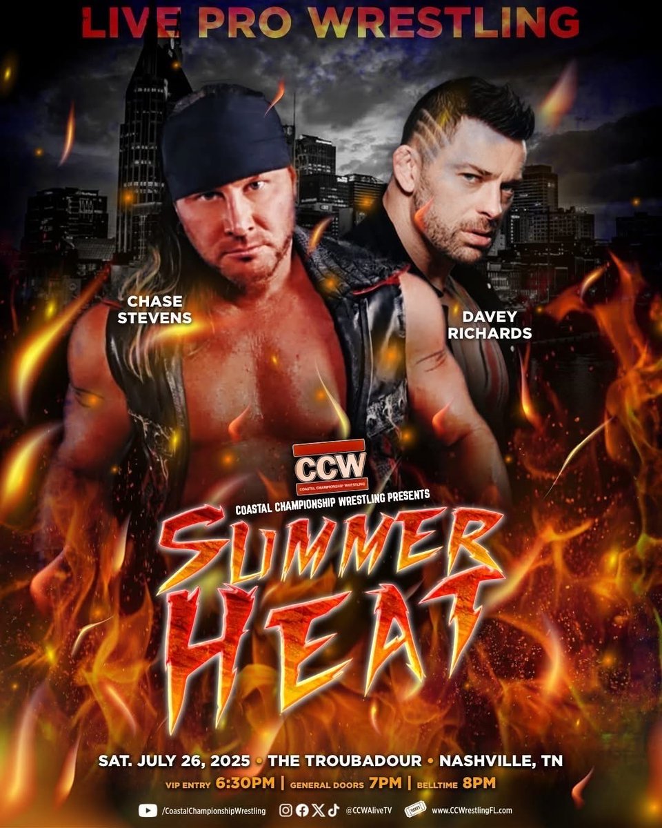 CCWAliveTV's tweet image. Things are heating up in Nashville π₯ TONIGHT!!! CCW presents SUMMER HEAT!
Doors open at 7pm.
Show starts at 8pm.
SEE YOU THERE!
ποΈ CCWTix.com