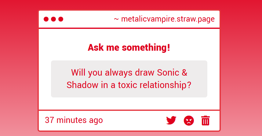 MetalicVampire's tweet image. No, the main Sonadow i like is a healthy relationship. But sometimes i have bad days or different ideas about their dynamic.
My favorite is an obsessed/stalker Sonic btw...