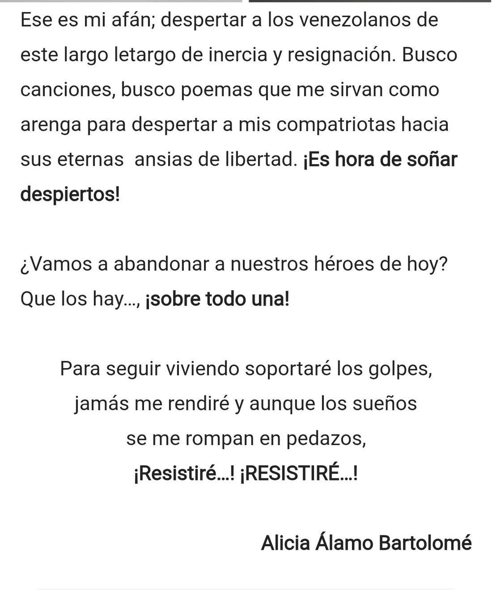 Se nos fue Alicia….
99 años y una cabeza PERFECTA! 
Lúcida, valiente, inteligente.
Gracias por tu ejemplo, por tu confianza y por tu cariño, queridísima Alicia Álamo Bartolomé!

Resistiré contigo y con todo un país hasta la Libertad.
Hasta que nos volvamos a encontrar…