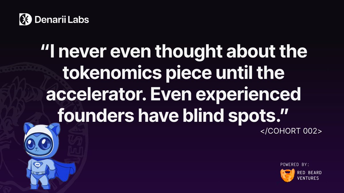 DenariiLabs's tweet image. Cohort 003 is live, but some lessons from 002 still hit hard:
“I never even thought about the tokenomics piece until the accelerator. Even experienced founders have blind spots.” - @dayoadeosun10 / @SudoCatAI
That’s why we don’t skip the fundamentals.