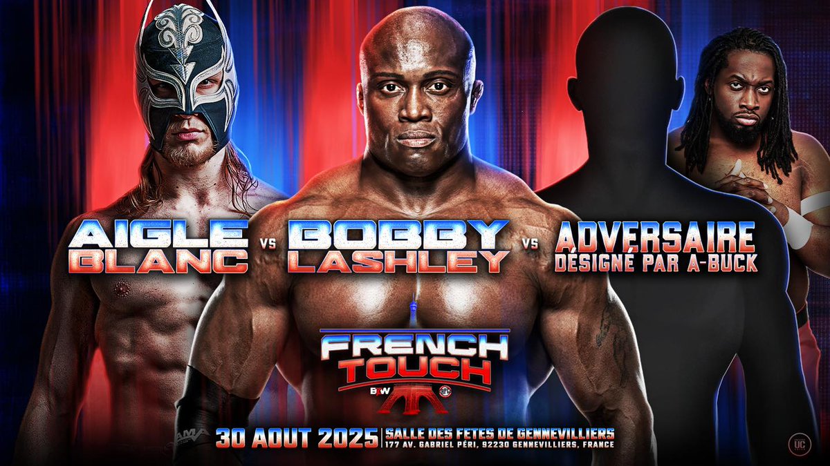 CatchenFranco's tweet image. Banger Zone Wrestling a annoncé un nouveau match pour leur show FRENCH TOUCH en collaboration avec l'APC qui aura lieu le 30 aout à la salle des fêtes de Gennevilliers.
Triple Threat Match
Aigle Blanc VS Bobby Lashley VS un adversaire désigné par A-Buck
La billetterie est…