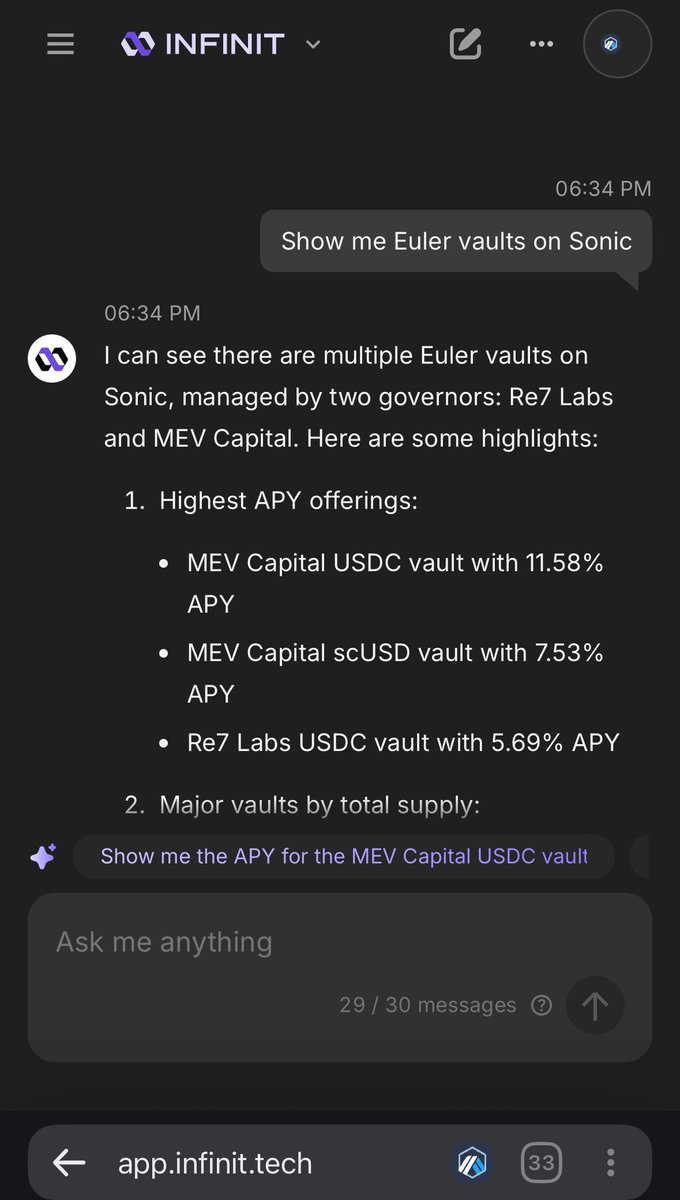 web3ammie's tweet image. Continuing the @infinit_labs Agent Series today is all about the Euler Agent
Euler Agent
Built for advanced lending with precision.
Supported Features
– Supply or withdraw tokens from Euler
– Access vault-level data: APY, utilization, and more
– Easily manage lending/borrowing…