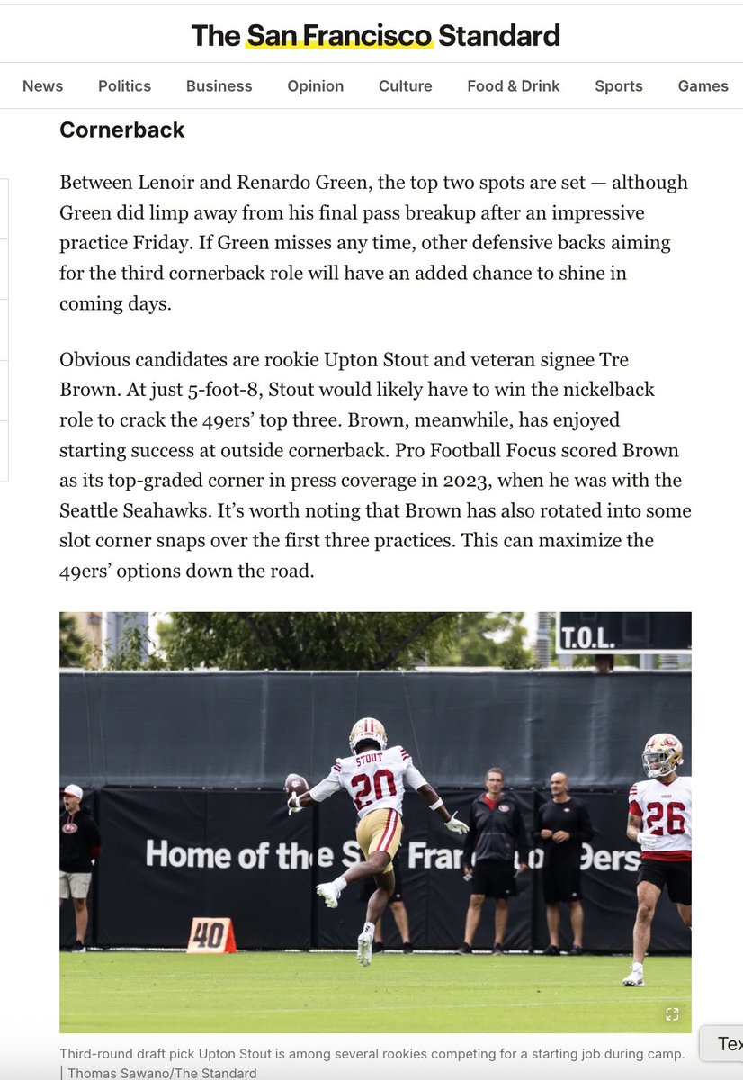 LombardiHimself's tweet image. A look at how the 49ers' position battles are going so far. If Renardo Green misses any time at CB, there'll be more reps on the table for youngsters like Jakob Robinson, who had a PBU Friday.
We go deep into it all so check it out. Full article: sfstandard.com/2025/07/26/49e…