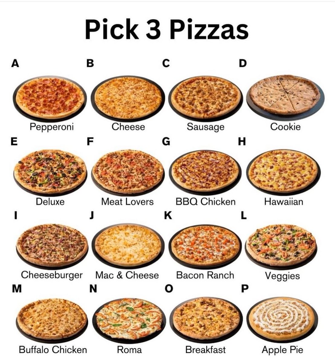 Pick 3 pizzas I would pick peperoni sussage and meat lovers