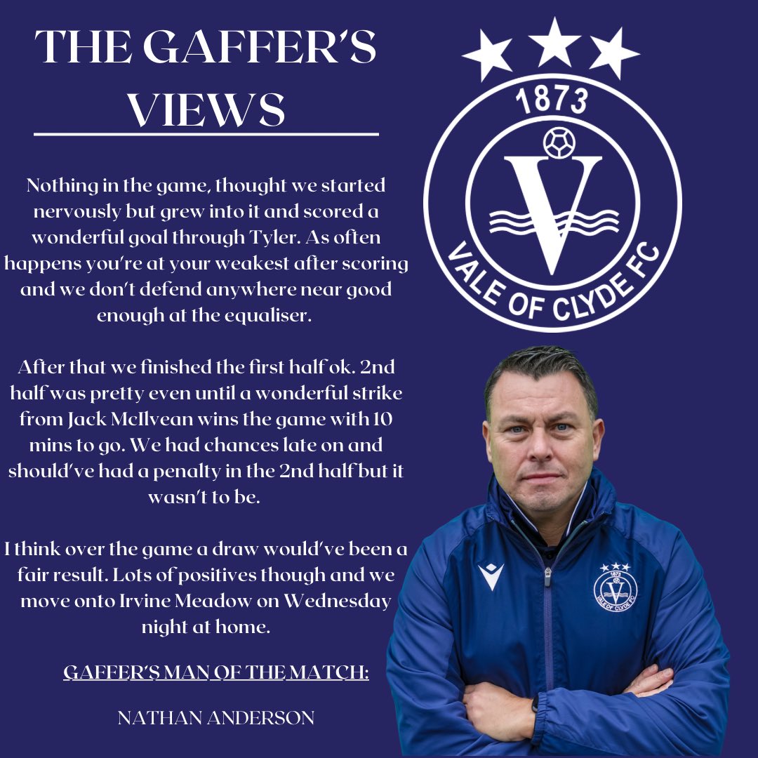 ValeOfClydeJnrs's tweet image. 📝The Gaffer’s Views!📝

Here’s what @Hughesy48 thought of today’s opening day 2-1 defeat at St. Roch’s.

A closely fought game where a moment of brilliance separates the two sides!

The gaffer’s Man of the Match was debutant Nathan Anderson! The youngster (on loan from…