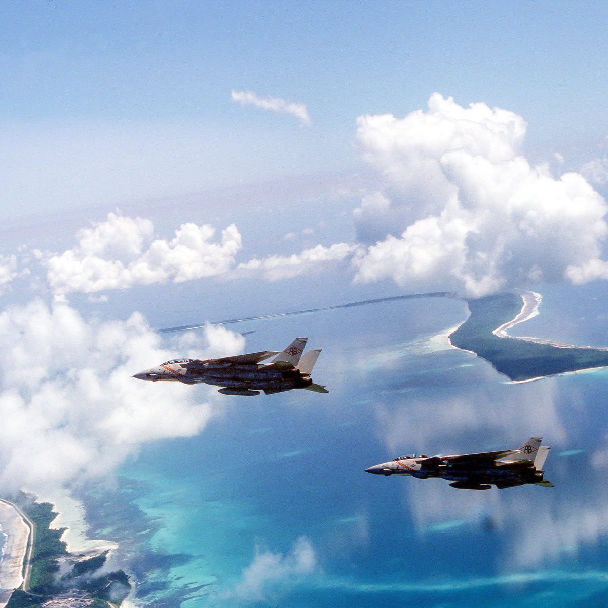 F-14A Tomcats from the Diamondbacks over DIEGO GARCIA 5MAY83 (USN)