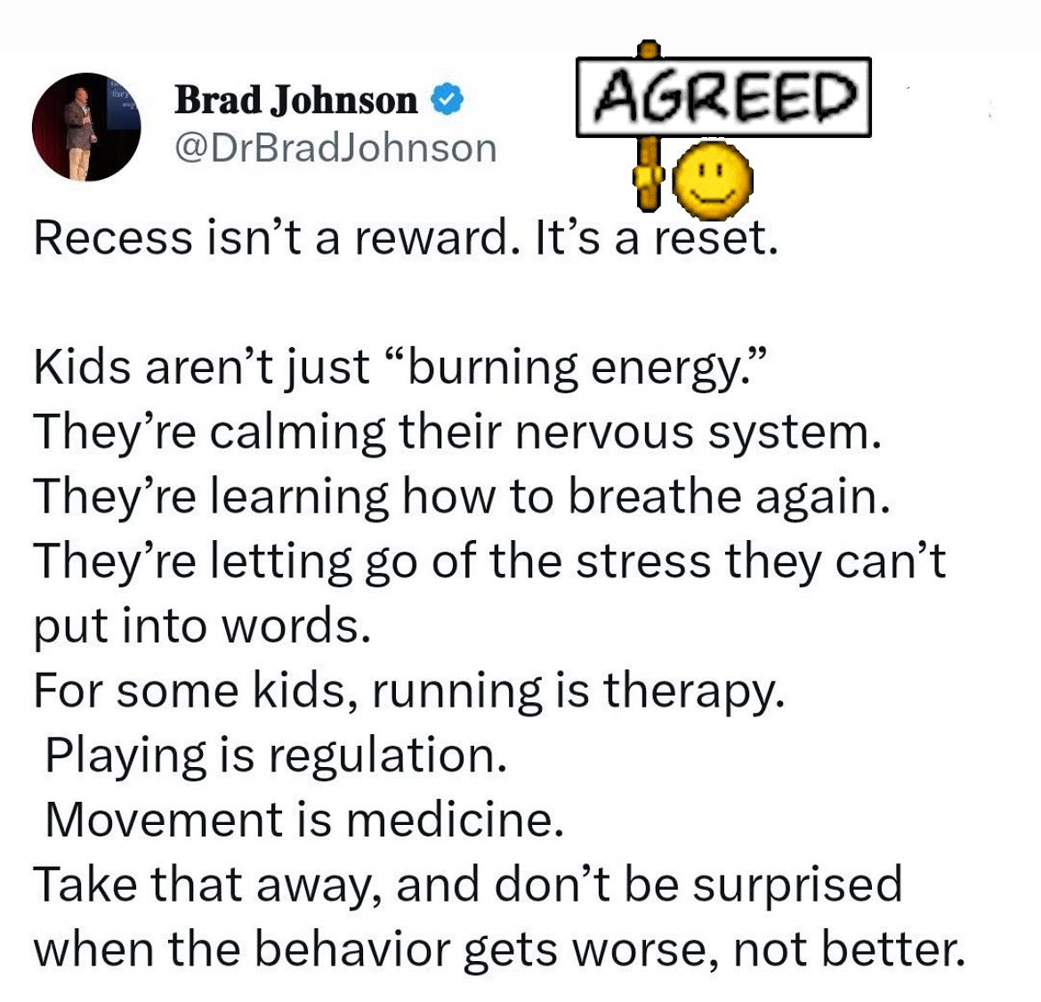 jacobrosecrants's tweet image. It’s not the end all be all, but if we want to lessen student behavior issues/support student mental health wellness…all of which increases student academic achievement, we need to ensure every child has adequate time to reset during the school day…with recess!! @DrBradJohnson