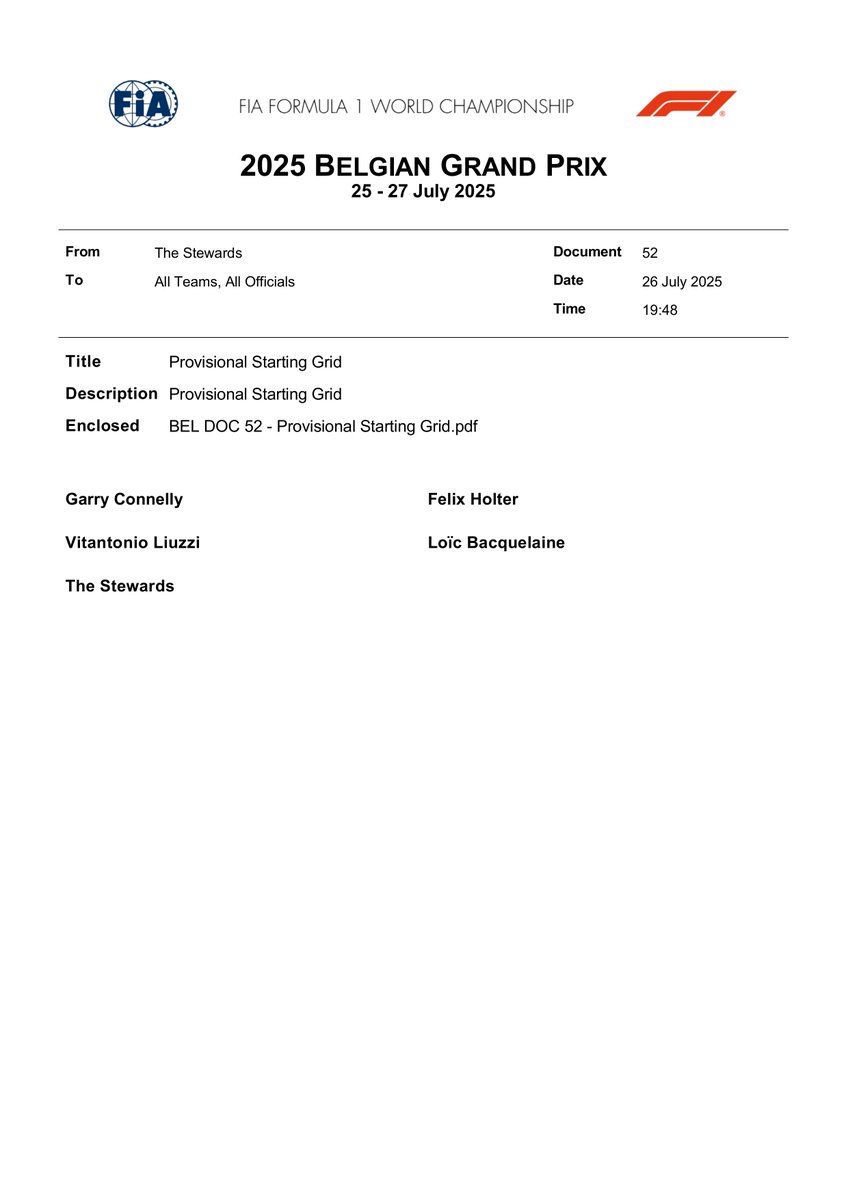fiadocsbot's tweet image. New document: Doc 52 - Provisional Starting Grid
Published on 26.07.25 19:48 CET
fia.com/system/files/d…
#F1 #Formula1 #FIA #BelgianGP 🇧🇪