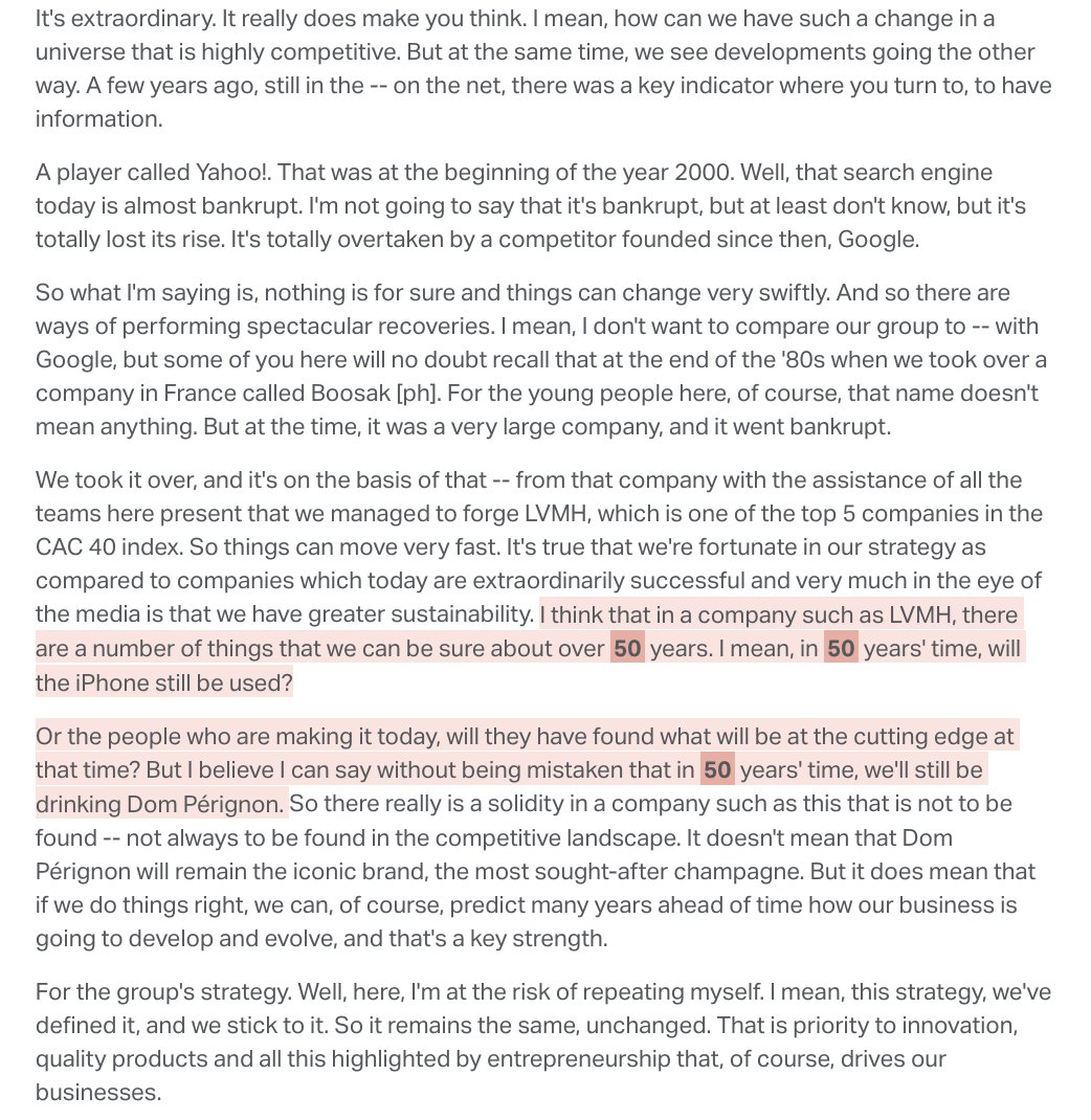 KoyfinCharts's tweet image. $LVMH CEO, Bernard Arnault, on Champagne vs. the iPhone.
"In 50 years, will the iPhone still be used? Or the people making it today, will they have found what will be at the cutting edge at that time? But I believe - that in 50 years - we'll still be drinking Dom Pérignon".