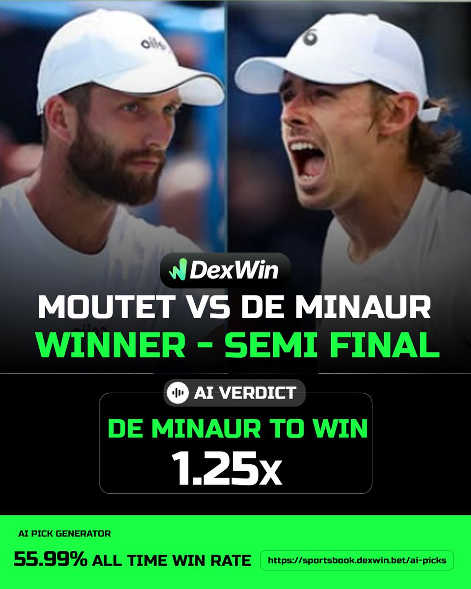 DexWin_Sports's tweet image. Alex De Minaur vs Moutet Odds Today @ The Washington Open 🎾
ATP Washington 🇺🇸Open Tennis Betting Predictions, Tennis Betting Lines & Wimbledon 2025 Tennis Betting Odds Today 🎾
Follow @DexWin_Sports for the best Tennis betting odds, Tennis betting picks and Tennis…