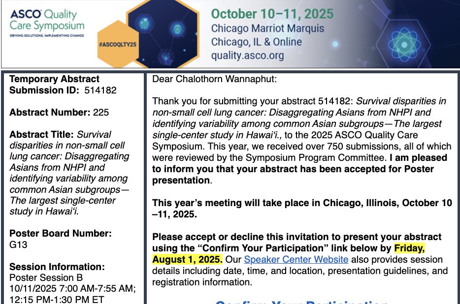 Sai_Wannaphut's tweet image. 🏅 Honored to receive a 2025 Conquer Cancer Merit Award from @ConquerCancerFd @ASCO for our abstract on lung cancer disparities—selected for poster presentation at #ASCOQLTY25!
📌 Survival Disparities in NSCLC: Disaggregating Asians from NHPI in Hawaiʻi
🙏 Thank you to the…