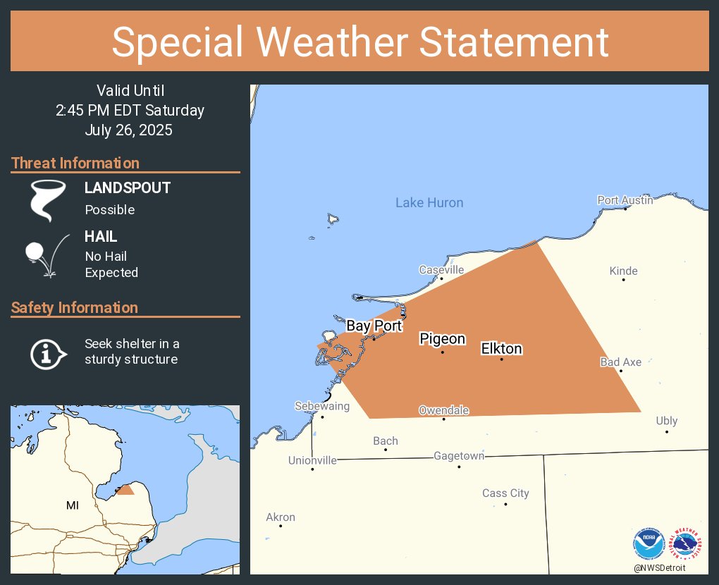 NWSDetroit's tweet image. A special weather statement has been issued for Pigeon MI, Elkton MI and Bay Port MI until 2:45 PM EDT
