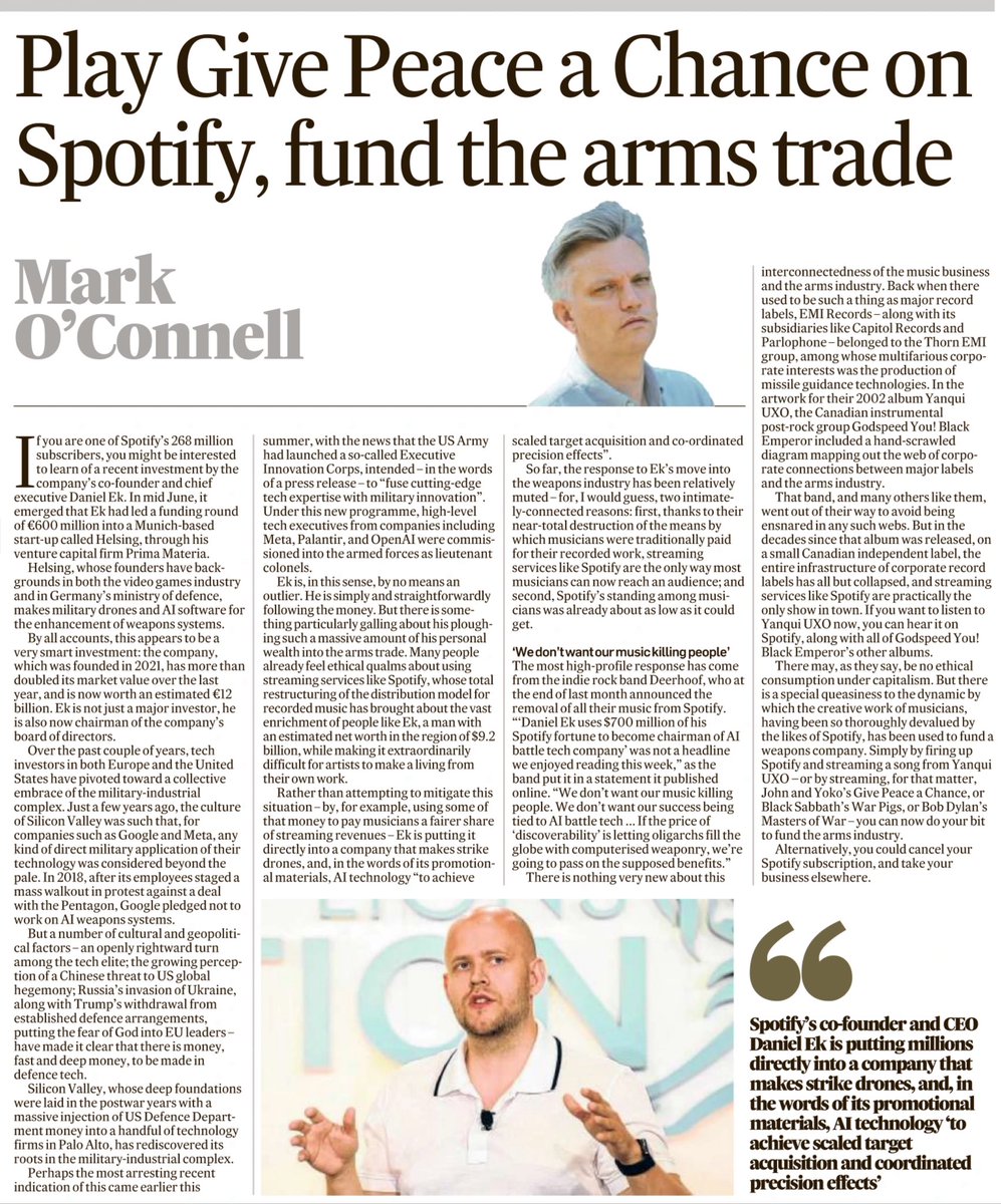 murchadhfinn's tweet image. “…there is a special queasiness to the dynamic by which the creative work of musicians, having been so thoroughly devalued by the likes of Spotify, has been used to fund a weapons company”
~Mark O’Connell

The Irish Times

☕️