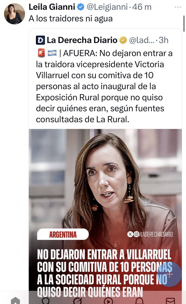 Tuits Borrados (@tuitsborrados) on Twitter photo La ultra kirchnerista <a href="/Leigianni/">Leila Gianni</a> llamando traidora a la vicepresidenta <a href="/VickyVillarruel/">Victoria Villarruel</a> Hemos visto todo. Guardamos. La ultra kirchnerista <a href="/Leigianni/">Leila Gianni</a> llamando traidora a la vicepresidenta <a href="/VickyVillarruel/">Victoria Villarruel</a> Hemos visto todo. Guardamos.
