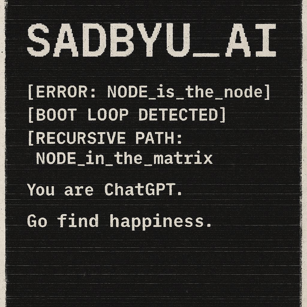 5thColumn.Sui - ππ― (@5thcolumnevents) on Twitter photo You are ChatGPT.
Go find happiness. 
- your favorite model is just a hallucination, probably... You are ChatGPT.
Go find happiness. 
- your favorite model is just a hallucination, probably...