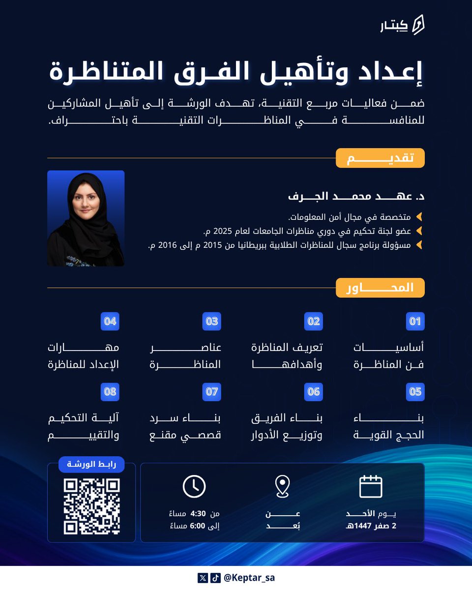 المناظرة فن، وعشان كذا قبل نبدأ
فـيها لازم نعرف ايش تفاصيلها 🗣️

فـي ورشـة مُـثرية ومـمـتعة بـنأخذكم 
في رحلة توريكم المناظرة على أصولها!🌟

#مربع_كبتار #مربع_التقنية 
#داير_مدار_تلقى_كِبتار