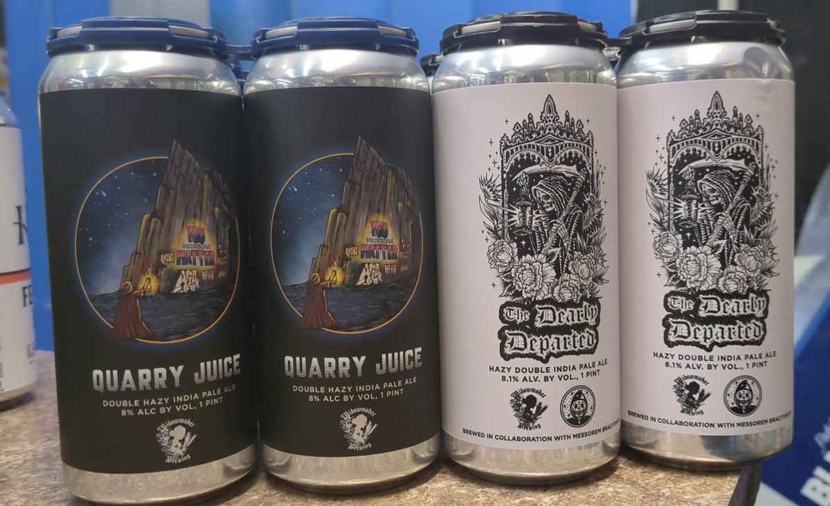In stock from <a href="/WidowmakerBrew/">Widowmaker Brewing</a> Quarry Juice Double Hazy IPA &amp; The Dearly Departed Hazy Double IPA Brewed in Collab w/ <a href="/MessoremB/">Messorem Bracitorium</a>. #YSAttleboroBeer #YSBeer