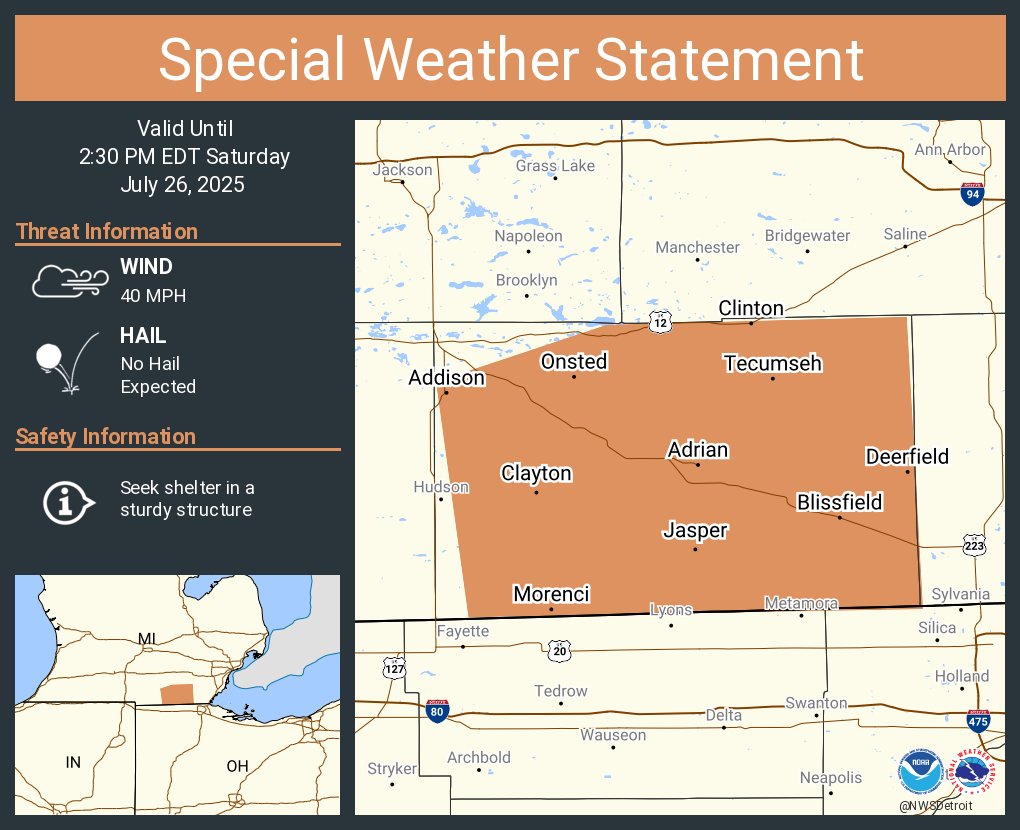 NWSDetroit's tweet image. A special weather statement has been issued for Adrian MI, Tecumseh MI and Blissfield MI until 2:30 PM EDT