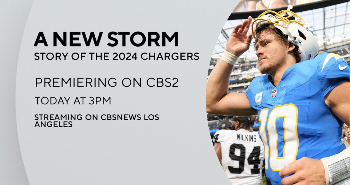 SportsCentralLA's tweet image. Hey #BoltFam - today at 3pm tune in to CBS2 for a special premiere of "A New Storm: The Story of the 2024 Chargers"
Relive Jim Harbaugh's 1st season w/ the Bolts following Sports Central - streaming on CBS Los Angeles!
#BoltUp #Chargers
@diehardboltclub @kcalnews @chargers