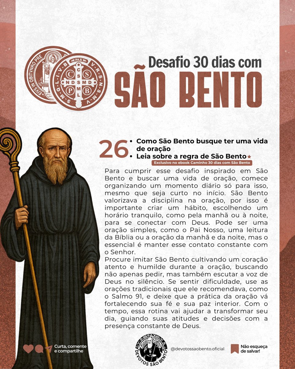 DESAFIO 26

Leia sobre a regra de São Bento,  em livros, sites ou adiquira nosso ebook : 

Caminho 30 dias com São Bento!
olhar.site/soufelizcatoli…

#desafiosãobento #fé #cruzsagrada #católicos #devotossãobento #caminho30dias #sãobento #nãosejaodragãomeuguia