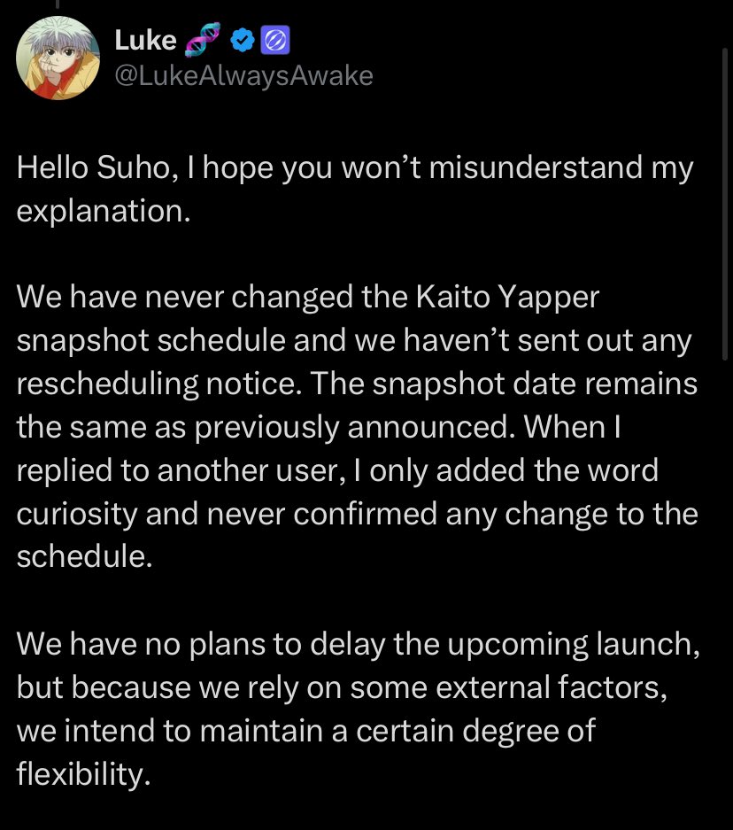 Calitoo112's tweet image. 🚨 Breaking: @MitosisOrg co-founder Luke confirms, no changes have been made to the Kaito Yapper snapshot schedule set for late July. 

Despite speculation, the snapshot date remains as previously announced, with no official delay or rescheduling.

While Mitosis has no plans to…