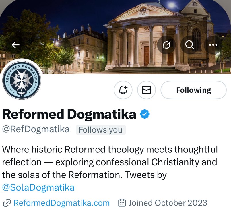 🔦 X Account Spotlight - Day 6

<a href="/RefDogmatika/">Reformed Dogmatika</a>

Where historic Reformed theology meets thoughtful reflection - exploring confessional Christianity and the solas of the Reformation.

Give him a follow! And his new account <a href="/SolaDogmatika/">Anthony</a> — same Reformed content, with a few perks
