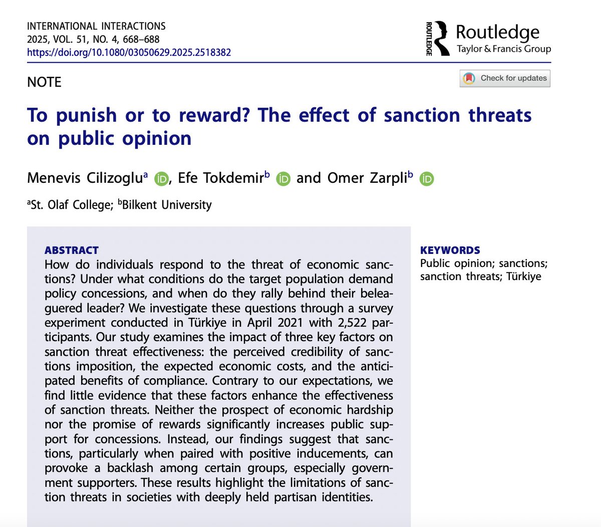 Omer Zarpli (@ozarpli) on Twitter photo 🚨In a new paper with great <a href="/menevisc/">Meneviş Cılızoğlu</a> & <a href="/efetokdemir/">Efe Tokdemir</a>, we find that sanction threats--even when credibly backed--do not increase public support for concessions in the target (🇹🇷case). Moreover, positive inducements provoke backlash among some groups.
tandfonline.com/doi/full/10.10… 🚨In a new paper with great <a href="/menevisc/">Meneviş Cılızoğlu</a> & <a href="/efetokdemir/">Efe Tokdemir</a>, we find that sanction threats--even when credibly backed--do not increase public support for concessions in the target (🇹🇷case). Moreover, positive inducements provoke backlash among some groups.
tandfonline.com/doi/full/10.10…