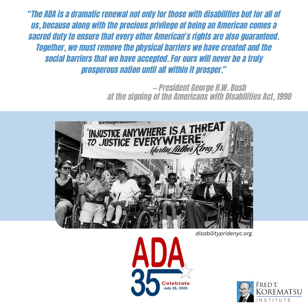 It's the 35th anniversary of the signing of the Americans with Disabilities Act (ADA), which was signed into law on July 26, 1990. The Disability Rights Education and Defense Fund (DREDF) breaks down how efforts over decades brought about the ADA:  dredf.org/the-history-of…