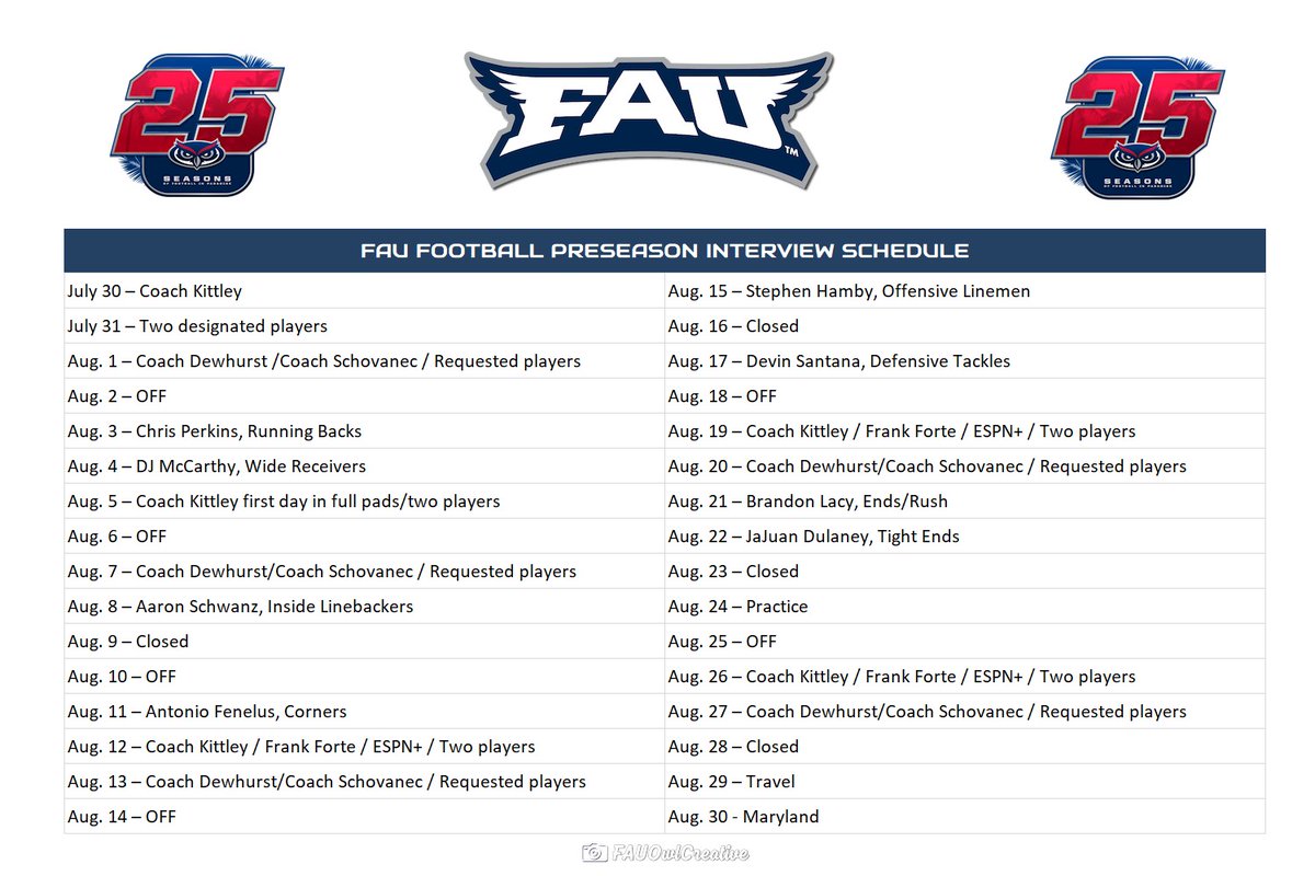 FAU_Owls_Nest's tweet image. With Fall Camp starting in less than four days it's almost go time for @ZKittley and @FAUFootball. Practices are CLOSED to the general public but we will be on hand for the majority of the interview sessions leading up to Game Prep for #Maryland. Here is the slate #GoOwls 🦉🎙️
